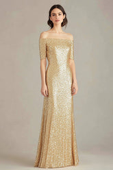 Goldenes Schulterfreies Etui Ballkleid mit Pailletten